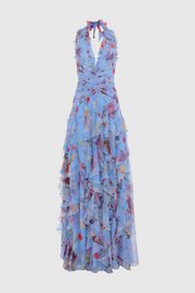 Souza Floral Halter Ruffle Tulle Maxi Dress - Blue