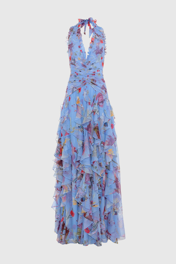 Souza Floral Halter Ruffle Tulle Maxi Dress - Blue