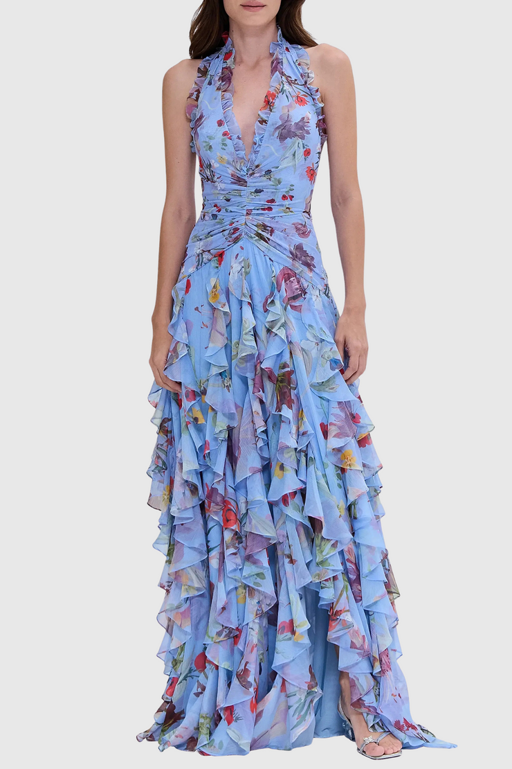 Souza Floral Halter Ruffle Tulle Maxi Dress - Blue