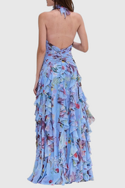 Souza Floral Halter Ruffle Tulle Maxi Dress - Blue