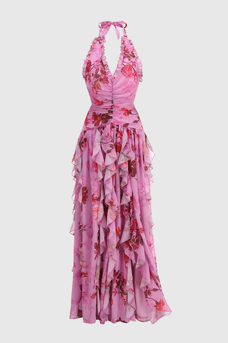 Souza Floral Halter Ruffle Tulle Maxi Dress - Pink