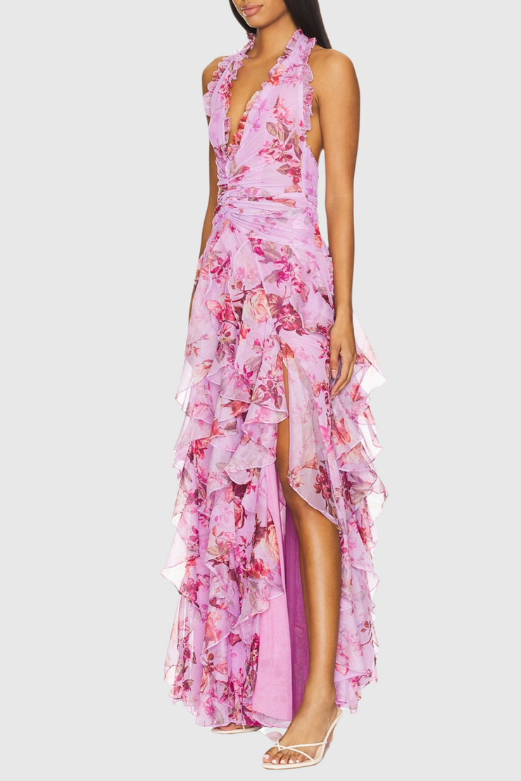 Souza Floral Halter Ruffle Tulle Maxi Dress - Pink