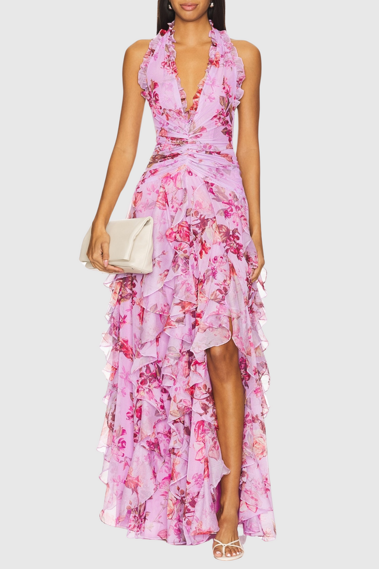 Souza Floral Halter Ruffle Tulle Maxi Dress - Pink
