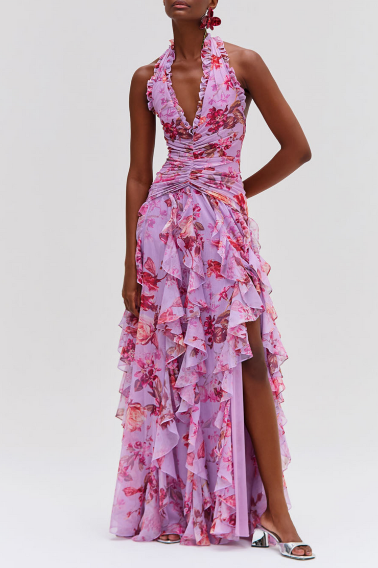 Souza Floral Halter Ruffle Tulle Maxi Dress - Pink