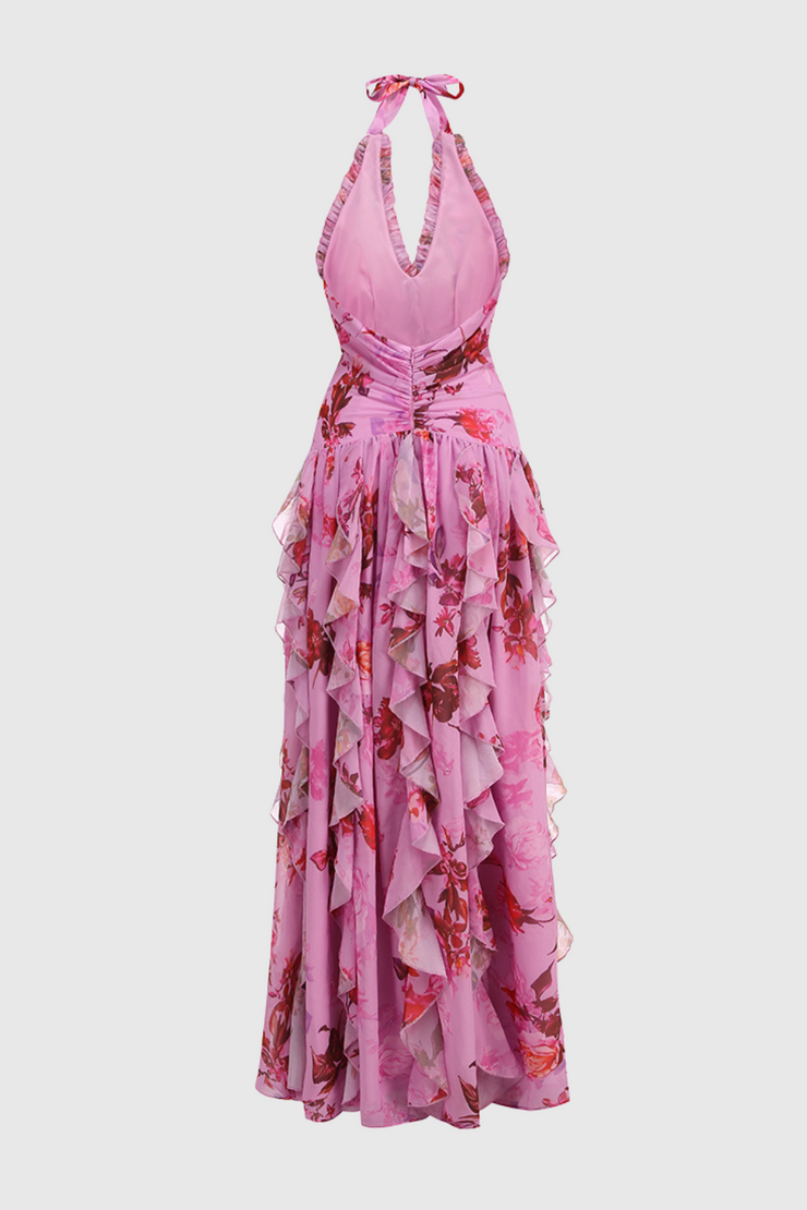 Souza Floral Halter Ruffle Tulle Maxi Dress - Pink