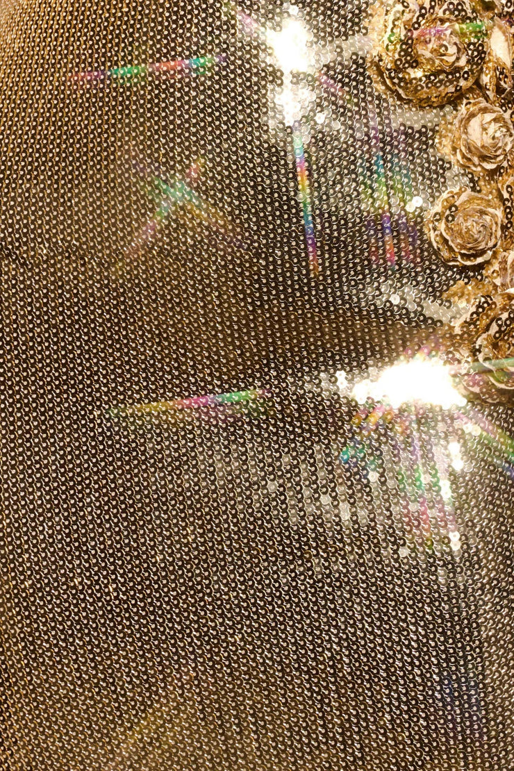 Tambi Strapless Sequin Floral Midi Dress