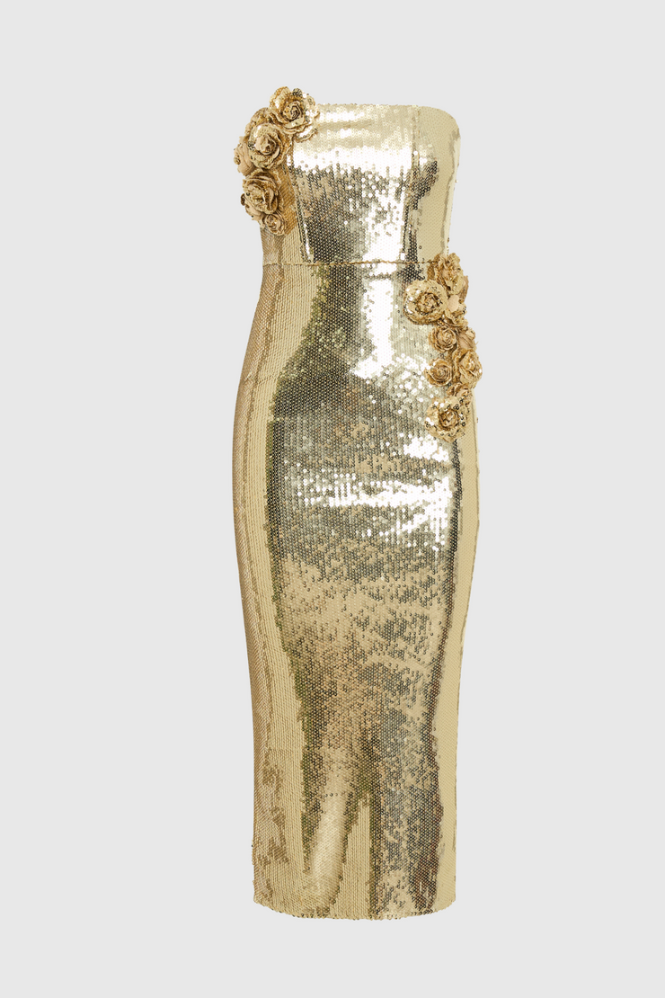 Tambi Strapless Sequin Floral Midi Dress