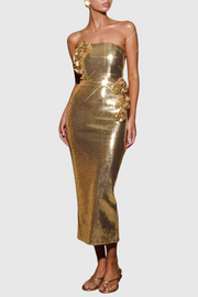 Tambi Strapless Sequin Floral Midi Dress