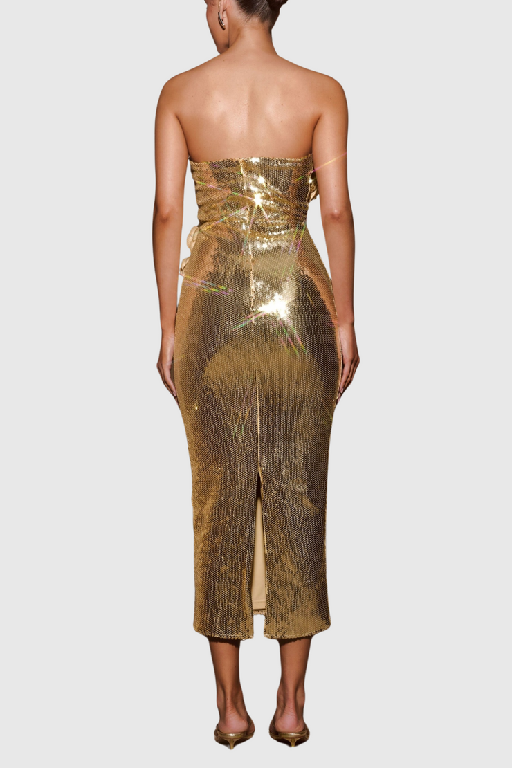 Tambi Strapless Sequin Floral Midi Dress