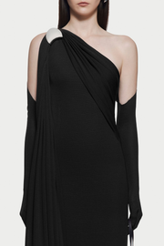 Tobala One Shoulder Asymmetrical Draped Maxi Dress - Black