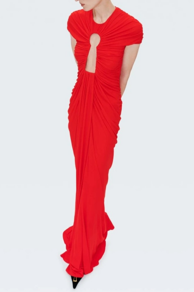 Viceroy Keyhole Mesh Ruched Maxi Dress - Red
