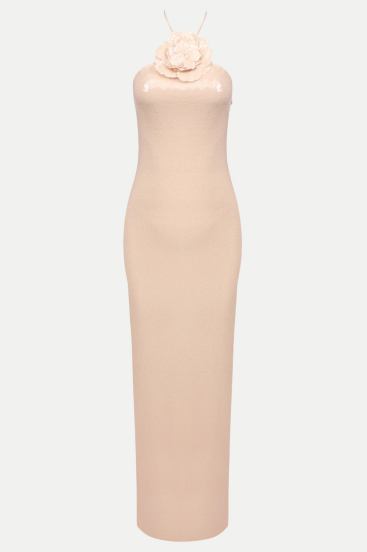 Vidonia Halter Floral Sequin Maxi Dress - Nude