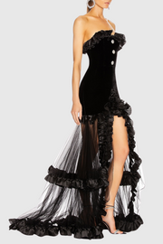 Yalie Ruffle Strapless Mesh Maxi Dress