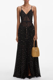 Yulaia Lace Dot Belted Pleated Maxi Dress