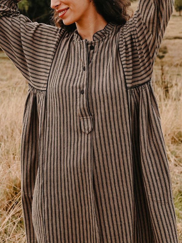 Striped Long-Sleeved Cotton And Linen Dress