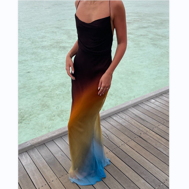 Sexy women's new strap gradient sleeveless dress long dress