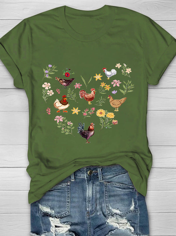 Wild Flowers And Chickens Printed Crew Neck Women's T-shirt