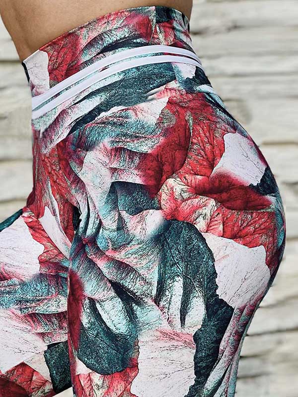 Green&Red Leaf Print High-Waisted Quick Dry Flexible Running Leggings