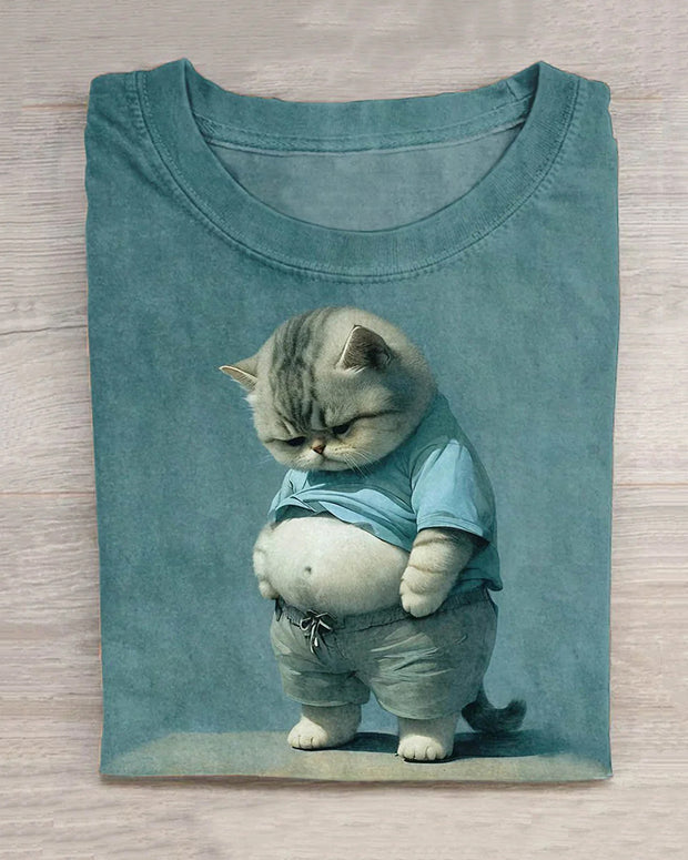 Ladies Cute Cat Print Crew-Neck T-Shirt