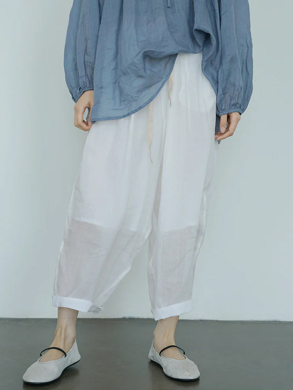 Solid Color Lace-up Cotton And Linen Pants