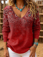 Women's Casual Retro Western Pattern Gradient Striped Long-Sleeved Top