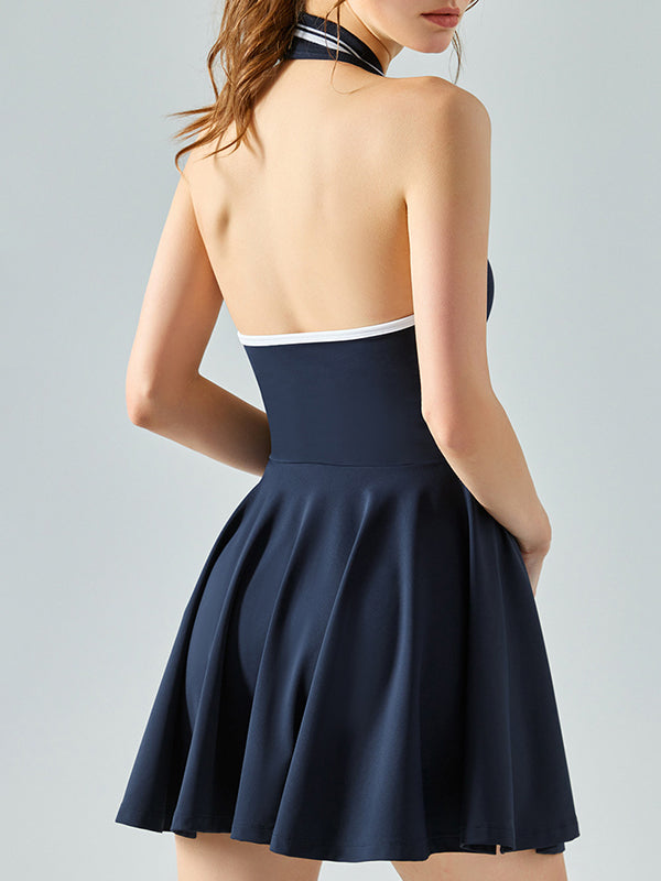 Sleeveless Backless Color-Block Halter-Neck Sports Dresses