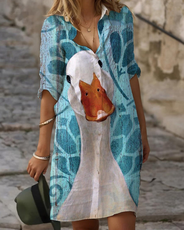 Cute Duck Personality Printed Cotton Linen Dress
