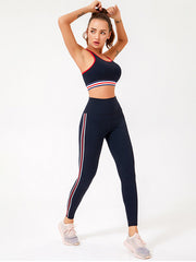 Contrast Color Striped Top Bra&Legging Fitness Suits