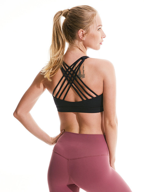 Back Cross Wrap Hollow Solid Color Spaghetti-Neck Sports Bra