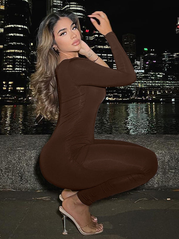 Skinny Leg Wrap Solid Color One-Shoulder Jumpsuits