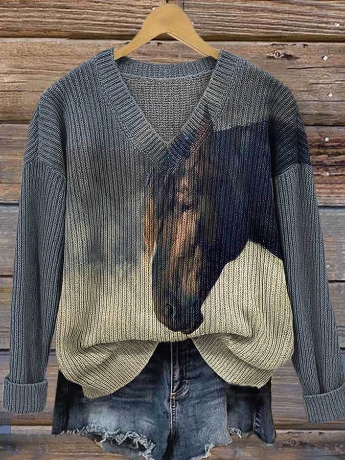 Women's Horse Art Print Casual V-Neck Pullover Sweater
