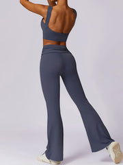 Skinny Sleeveless Backless Pleated Solid Color Round-Neck Tank&Pants Suits