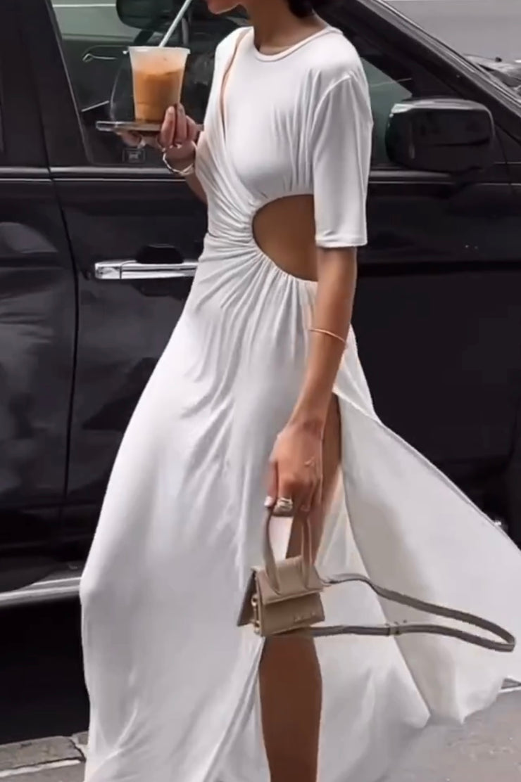 Short Sleeve Irregular Shoulder Slit Dress