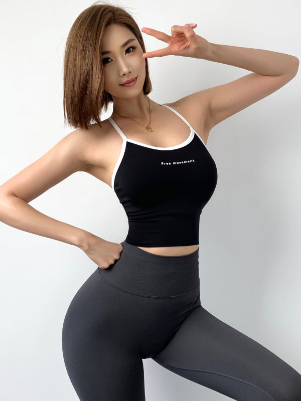 Color-Block Hollow Letter Print Spaghetti-Neck Sports Bra