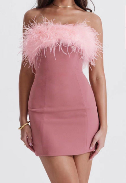 Women's off-shoulder evening dress feather socialite dresses