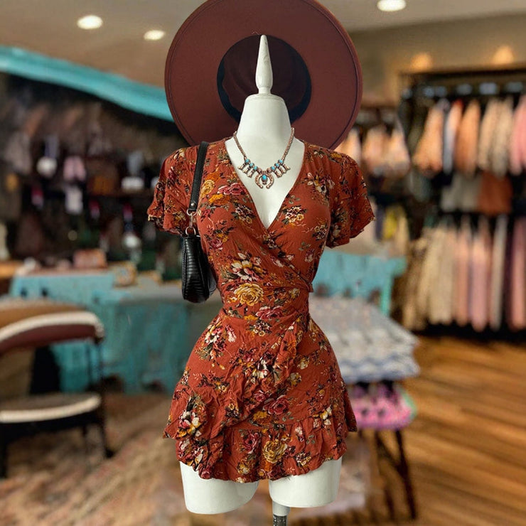 Summer Women's V Neck Short-Sleeved Chiffon Printed Dress