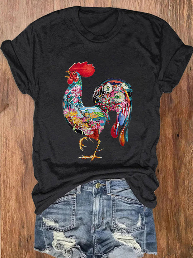 Floral Rooster Printed Women's T-shirt