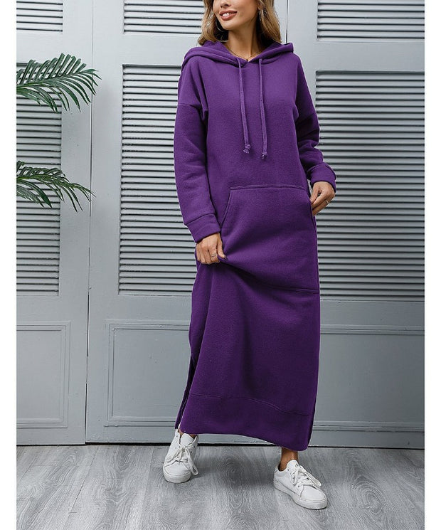 Autumn Winter New Loose Velvet Casual Fashion Big Pocket Knitted Hooded Maxi Dress