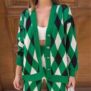 Geometric Diamond Knit Cardigan Casual Pants Two-piece Suit