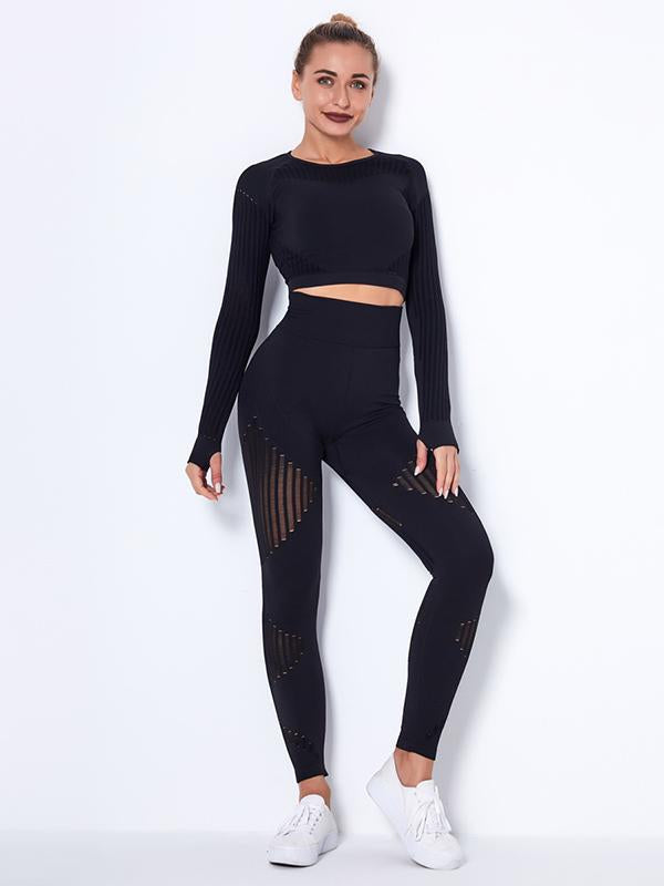 Contrast Color Long Sleeves Exposed Navel Tees&Leggings Sports Suits