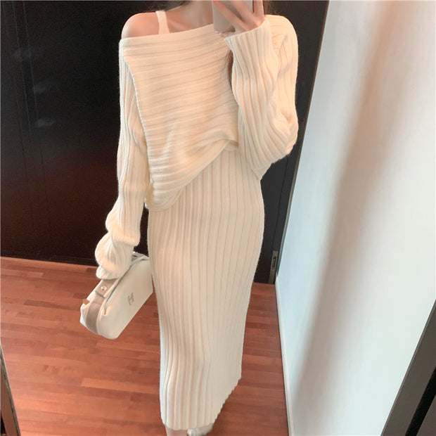 Temperament Pullover Knitted Sling Dress Set