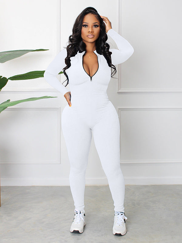 Skinny Solid Color Zipper Jumpsuits