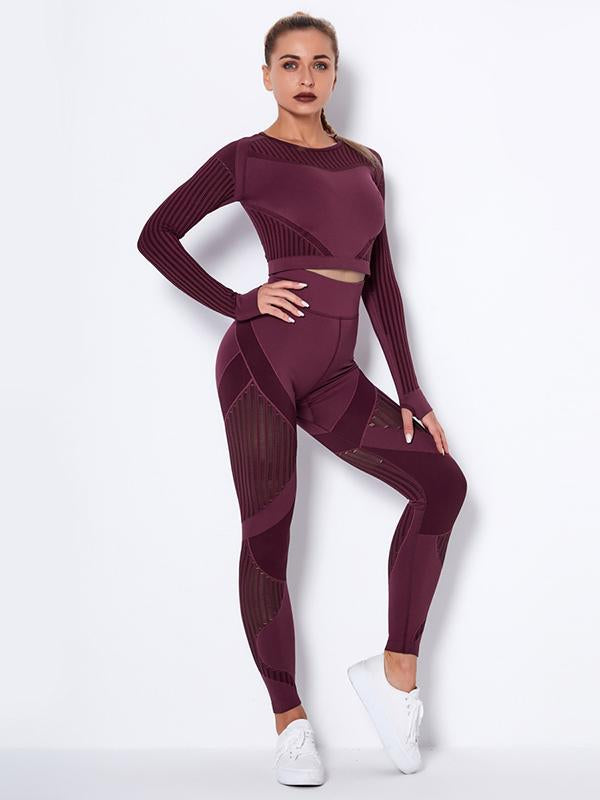 Contrast Color Long Sleeves Exposed Navel Tees&Leggings Sports Suits