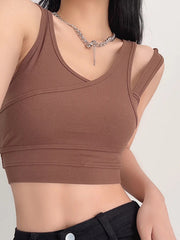 False Two Skinny Asymmetric Hollow Solid Color Spaghetti-Neck Tank