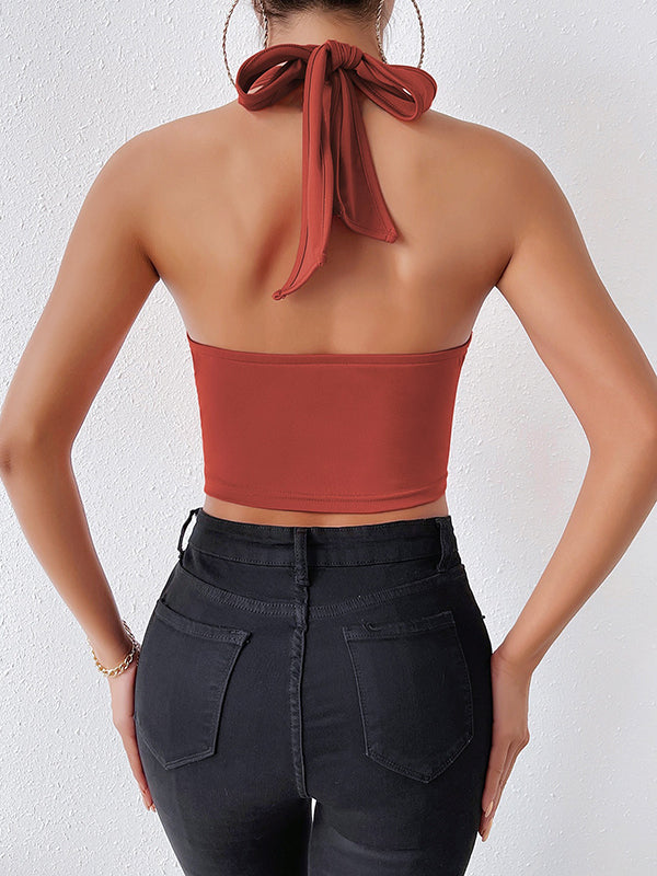 Skinny Wrap Backless Bandage Solid Color Deep V-Neck Tank