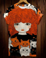 Kitty Cute Girl Printed Round Neck Short Sleeve T-Shirt
