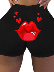 Red Lip Print High-Waisted Hip Lift Sports Shorts