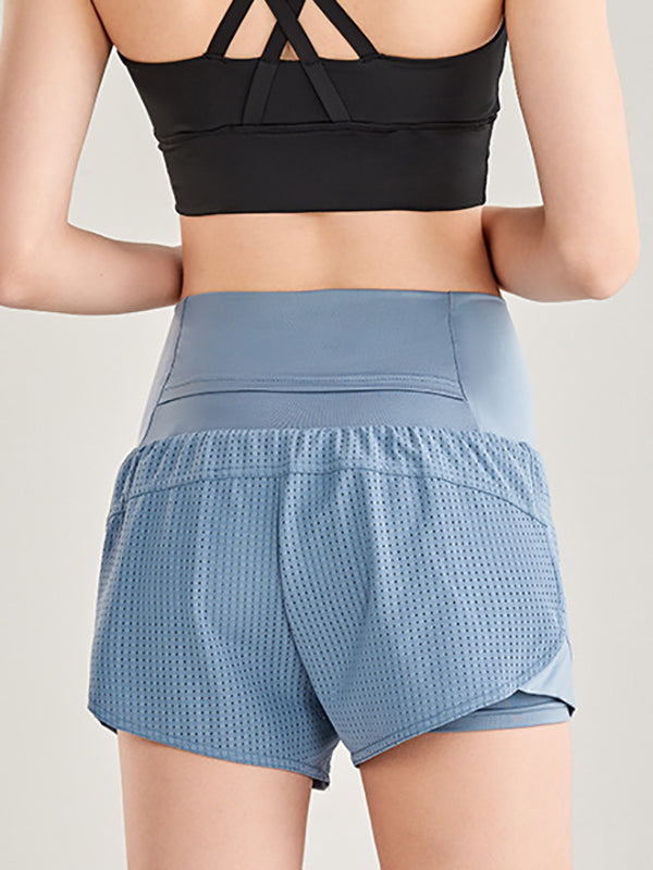 False Two Wrap Yoga Bottoms High-Waisted Pockets Solid Color Shorts