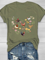 Wild Flowers And Chickens Printed Crew Neck Women's T-shirt