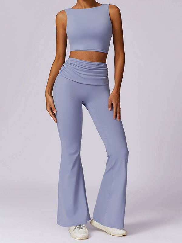 Skinny Sleeveless Backless Pleated Solid Color Round-Neck Tank&Pants Suits